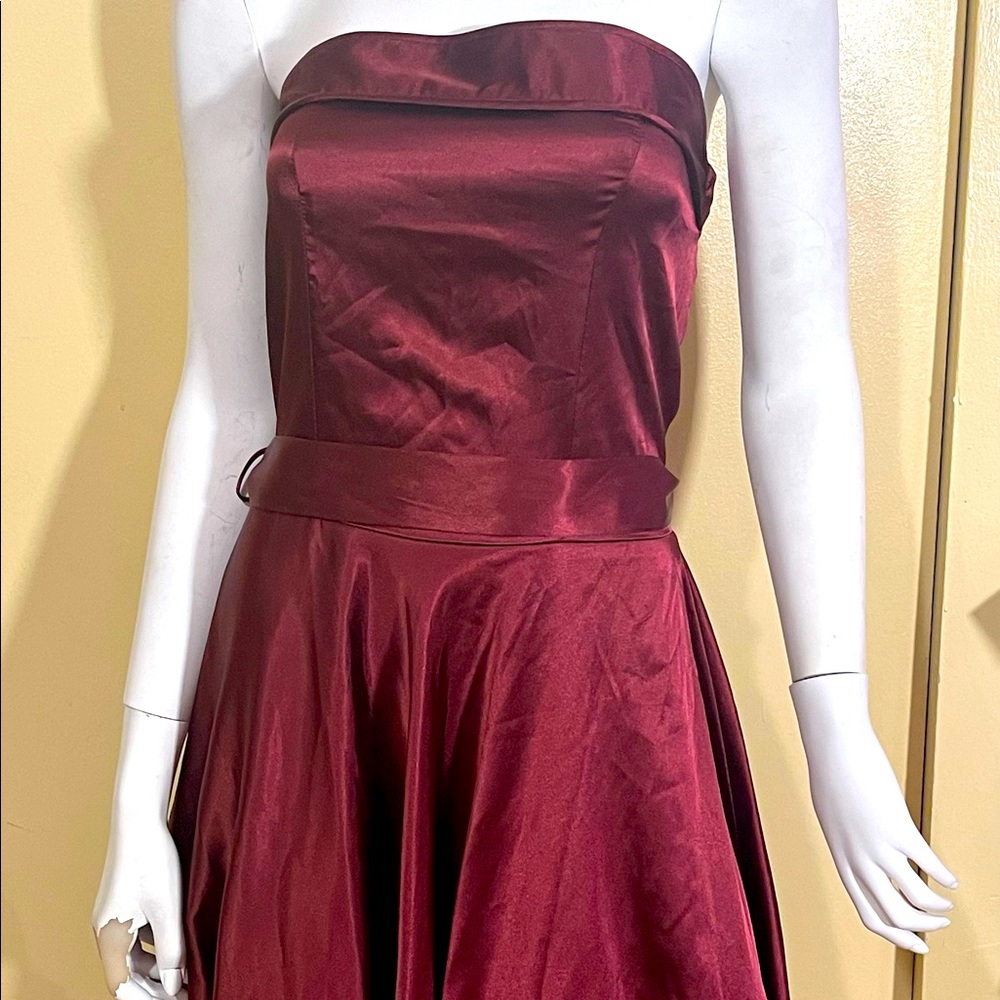 Burgundy satin gown strapless